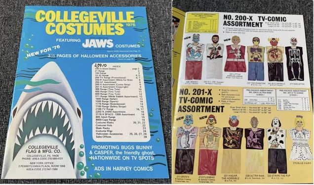 A side-by-side view of a 1976 Collegeville Costumes catalog featuring a shark for the Jaws license and an inner page showing various TV-Comic Assortment costumes.