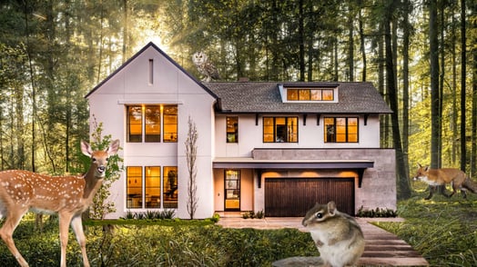 A white house with a deer and a chipmunk in the front yard. 