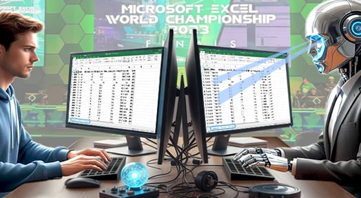 A composite illustration of the Microsoft Excel World Championship (MEWC) showing a human competitor on the left and a silver robot (AI) on the right, both typing on keyboards in front of monitors displaying Excel sheets.