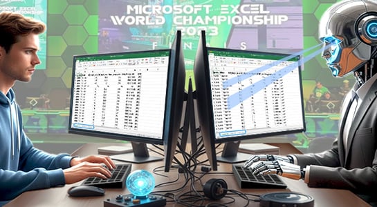 A composite illustration of the Microsoft Excel World Championship (MEWC) showing a human competitor on the left and a silver robot (AI) on the right, both typing on keyboards in front of monitors displaying Excel sheets.