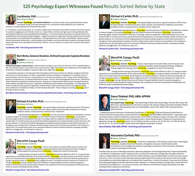 A screenshot of a search result page from SEAK's expert witness database showing the listings for 125 Psychology Expert Witnesses.