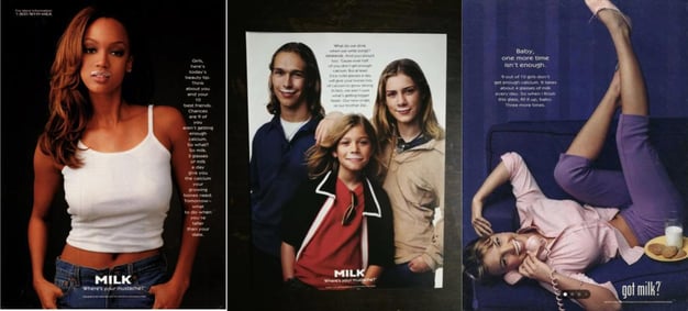 Three "Got Milk?" ads featuring Tyra Banks, the band Hanson, and a woman with a milk mustache.