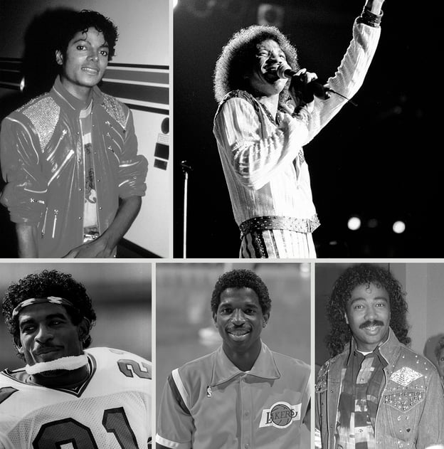 Montage of five Black men, all with Jheri curls or similar hairstyles, from the 1980s: Michael Jackson, Lionel Richie, Sunny Joe White, A.C. Green, and Deion Sanders.