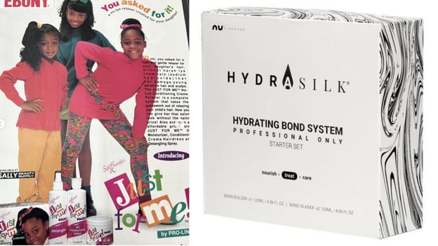 Split image: Left, a vintage "Just For Me" ad with young girls. Right, "Nu Standard Hydrasilk" product box.