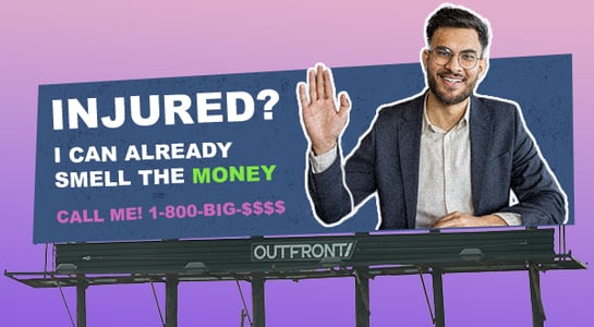 A billboard shows a smiling lawyer waving and the text: 