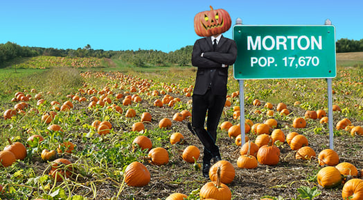 An illustration of a field of pumpkins with a man in a business suit and a jack-o-lantern head standing next to a sign for