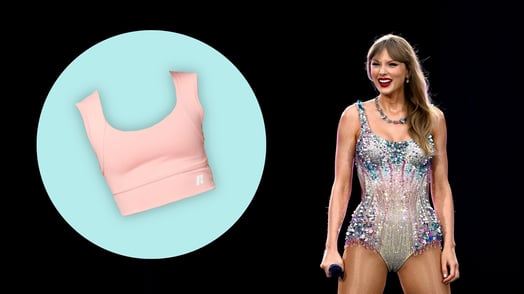 A pale pink Forme Science Power Bra in a blue circle next to an image of Taylor Swift holding a microphone.