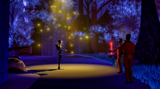 A scene from 'Uncanny Alley: A New Day' depicts a robot standing in a park at night talking to three figures in red jumpsuits.