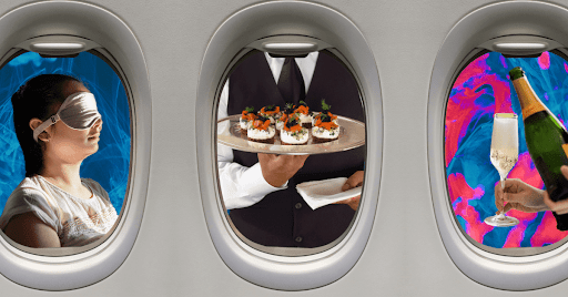 Seen through three oval airplane windows: a woman with a sleep mask, a waiter with hors d'oeuvres, and a hand holding a bottle of champagne and a champagne flute.