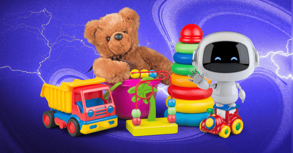 Children’s toys with a small white robot waving its hand.