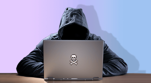 A person in a black hooded sweatshirt sits in front of a laptop with a pixelated skull and crossbones logo on the lid, suggesting a hacker or cyber criminal.