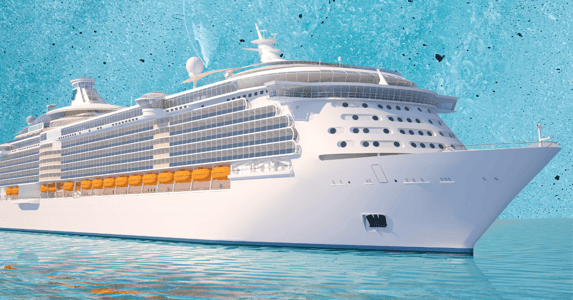 A white cruise ship on a blue background.