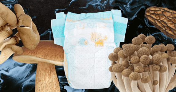 A diaper and a variety of mushrooms on a blue and black background. 