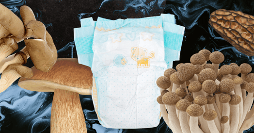 A diaper and a variety of mushrooms on a blue and black background.
