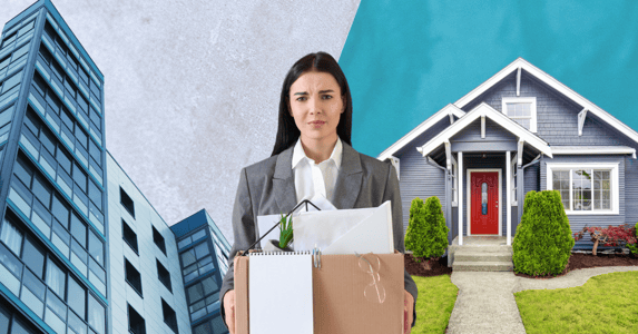 A woman holding a box full of her work supplies stands between an office skyscraper and a cozy home.