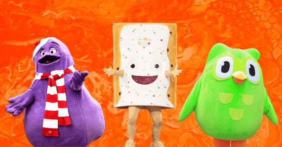 Grimace, a Pop-Tart, and Duolingo’s mascot on an orange background