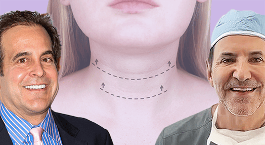 Two men side by side: left in suit and tie, right in medical attire with blue cap; background shows neck graphic with dashed lines and arrows indicating a procedure.