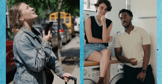 Two screenshots from Roomies, one featuring a young blonde woman standing on the sidewalk and talking into a phone as she looks up, the other featuring a brunette woman sitting on a washing machine next to a young Black man.