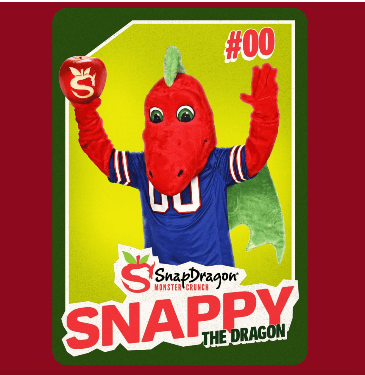 A trading card-style image of "Snappy the Dragon," the mascot for the SnapDragon apple, wearing a Buffalo Bills football jersey.