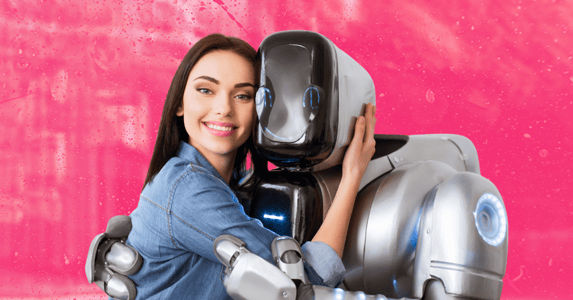 A woman hugging a robot.