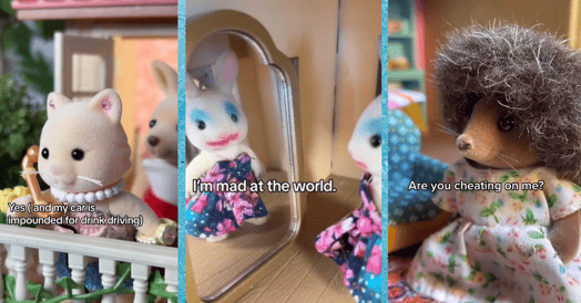 Three scenes from the TikTok account Sylvanian Drama: One depicts a cat doll saying, 